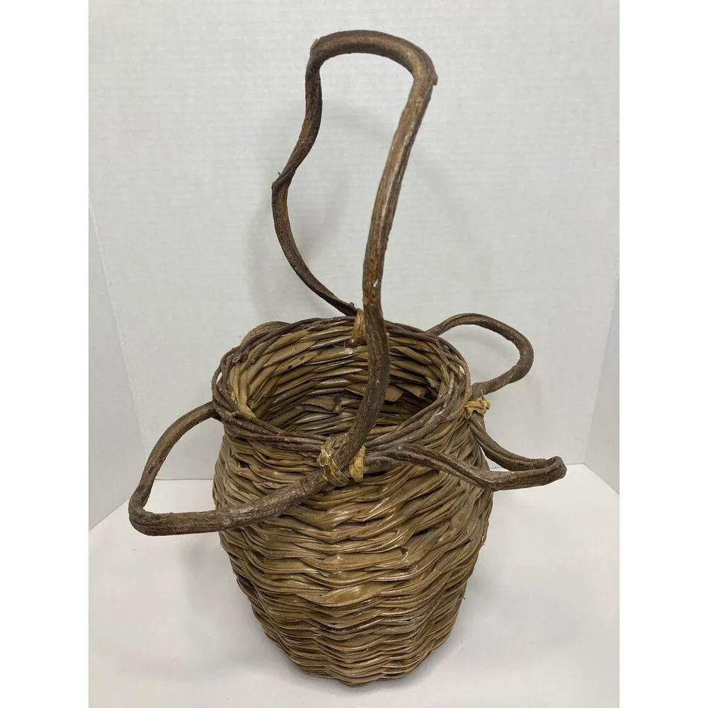 VTG Handmade Rustic Woven Twig Vine Wood Basket Tall Round Primitive Kitsch